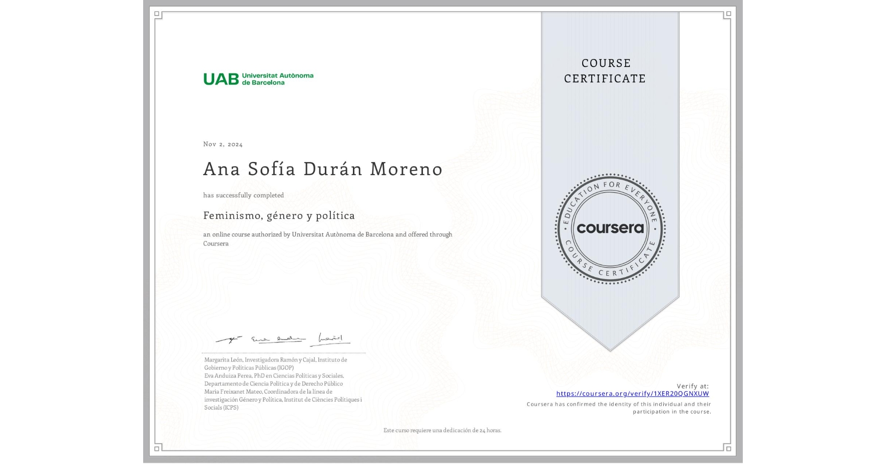 View certificate for Ana Sofía Durán Moreno, Feminismo, género y política, an online non-credit course authorized by Universitat Autònoma de Barcelona and offered through Coursera