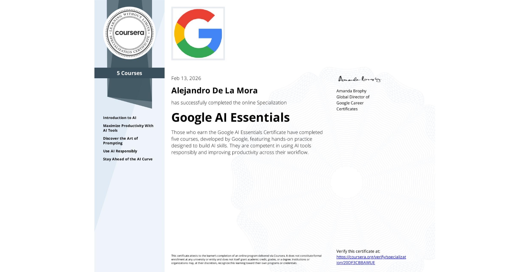 Google AI Essentials certificate