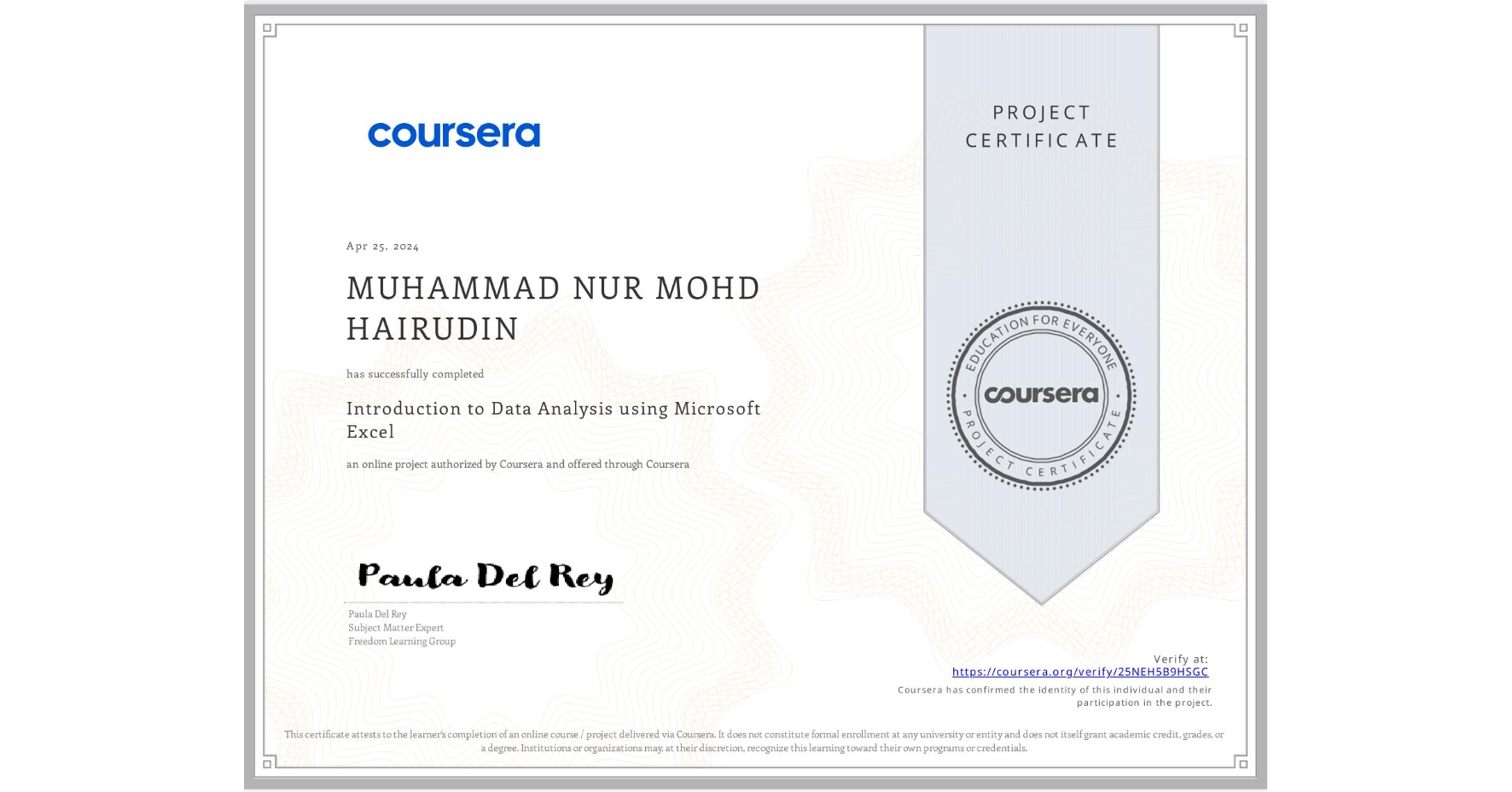 View certificate for MUHAMMAD NUR MOHD HAIRUDIN, Introduction to Data Analysis using Microsoft Excel, an online non-credit course authorized by Coursera and offered through Coursera