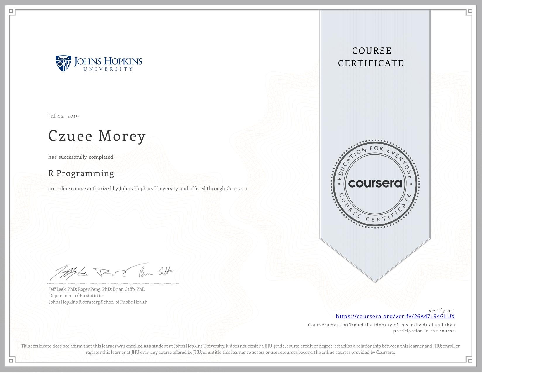View certificate for Czuee Morey, R Programming, an online non-credit course authorized by Johns Hopkins University and offered through Coursera