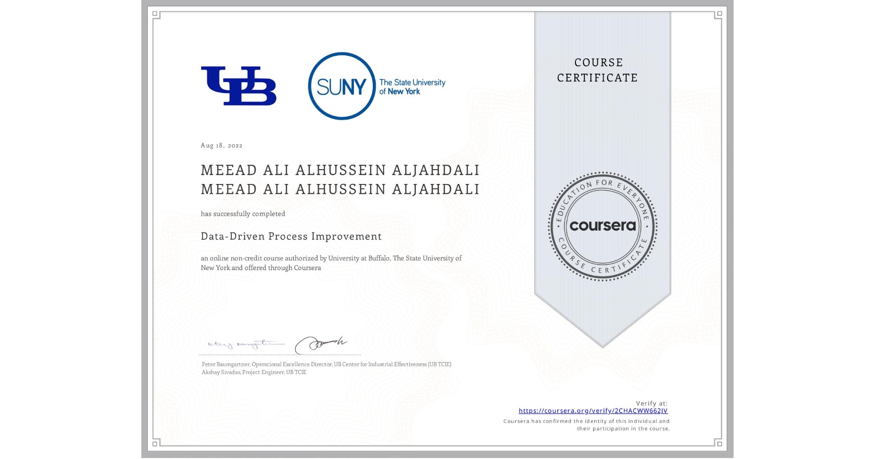 View certificate for MEEAD ALI ALHUSSEIN ALJAHDALI MEEAD ALI ALHUSSEIN ALJAHDALI, Data-Driven Process Improvement, an online non-credit course authorized by University at Buffalo & The State University of New York and offered through Coursera
