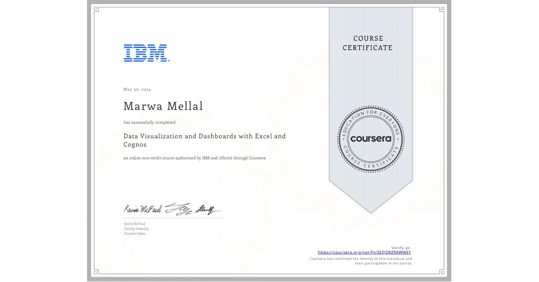 View certificate for Marwa Mellal, Data Visualization and Dashboards with Excel and Cognos, an online non-credit course authorized by IBM and offered through Coursera