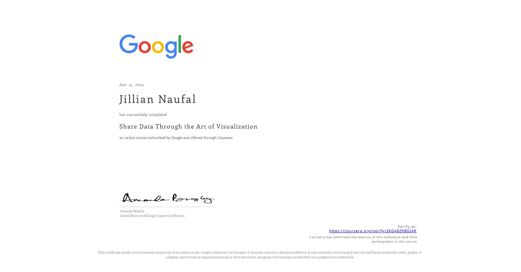 View certificate for Jillian Naufal, Share Data Through the Art of Visualization, an online non-credit course authorized by Google and offered through Coursera
