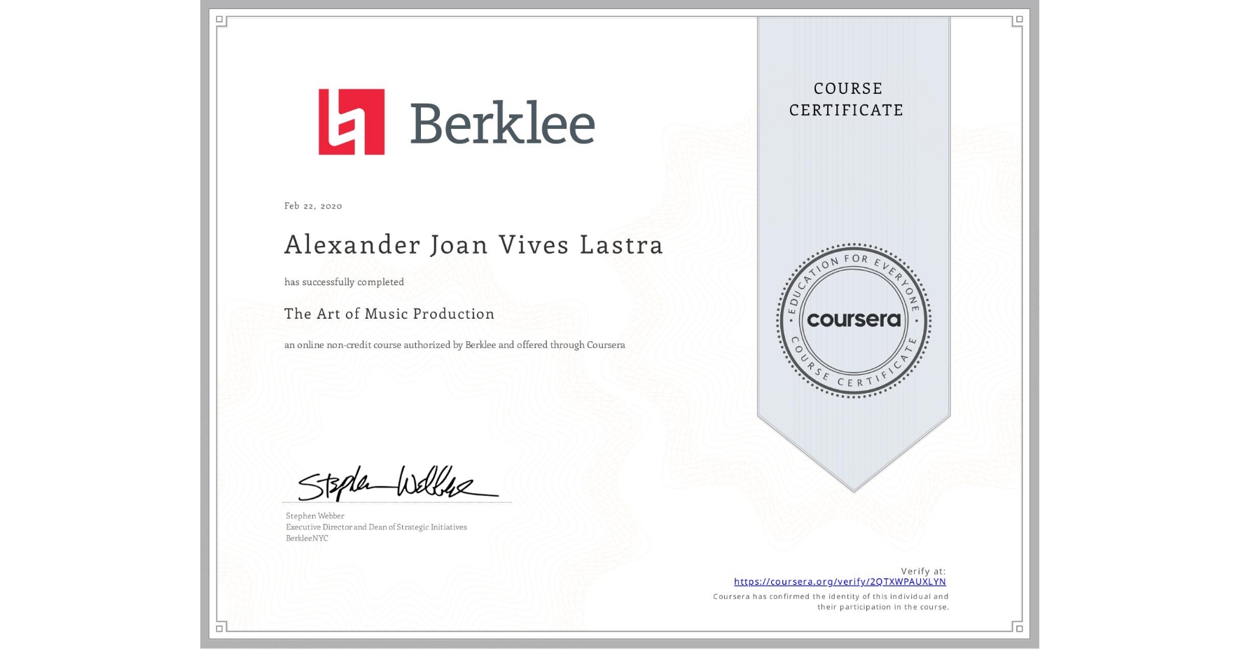 View certificate for Alexander Joan Vives Lastra, The Art of Music Production, an online non-credit course authorized by Berklee and offered through Coursera
