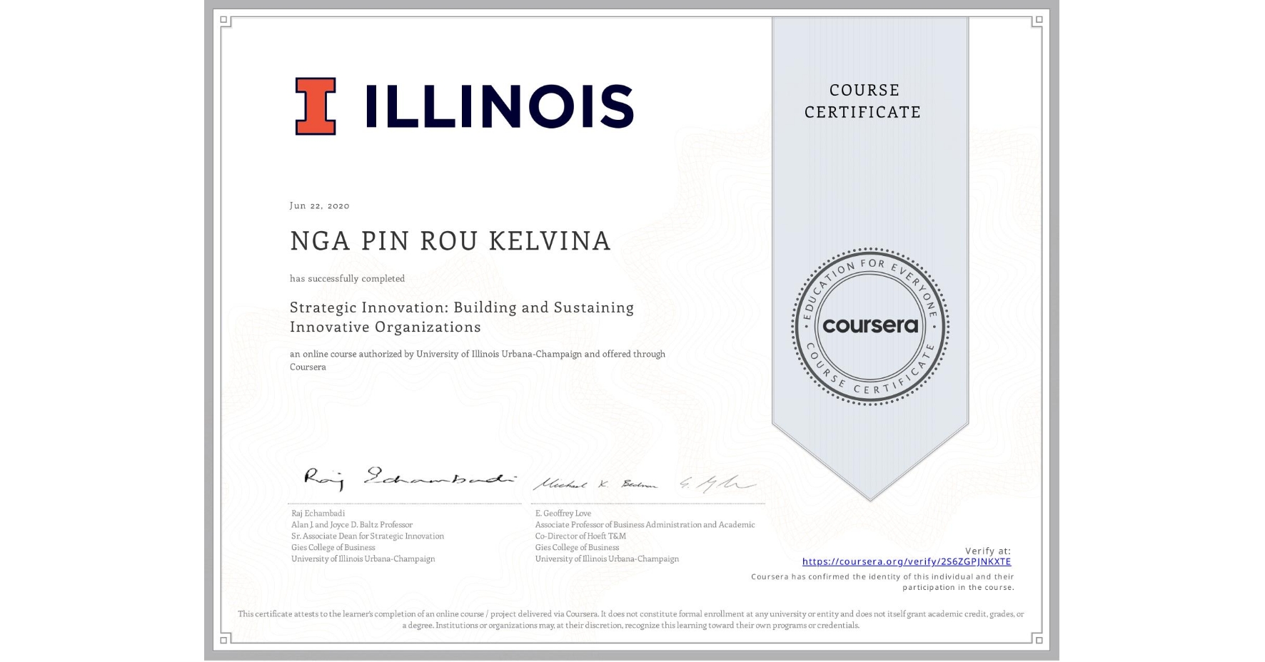 View certificate for  NGA PIN ROU KELVINA, Strategic Innovation: Building and Sustaining Innovative Organizations, an online non-credit course authorized by University of Illinois Urbana-Champaign and offered through Coursera