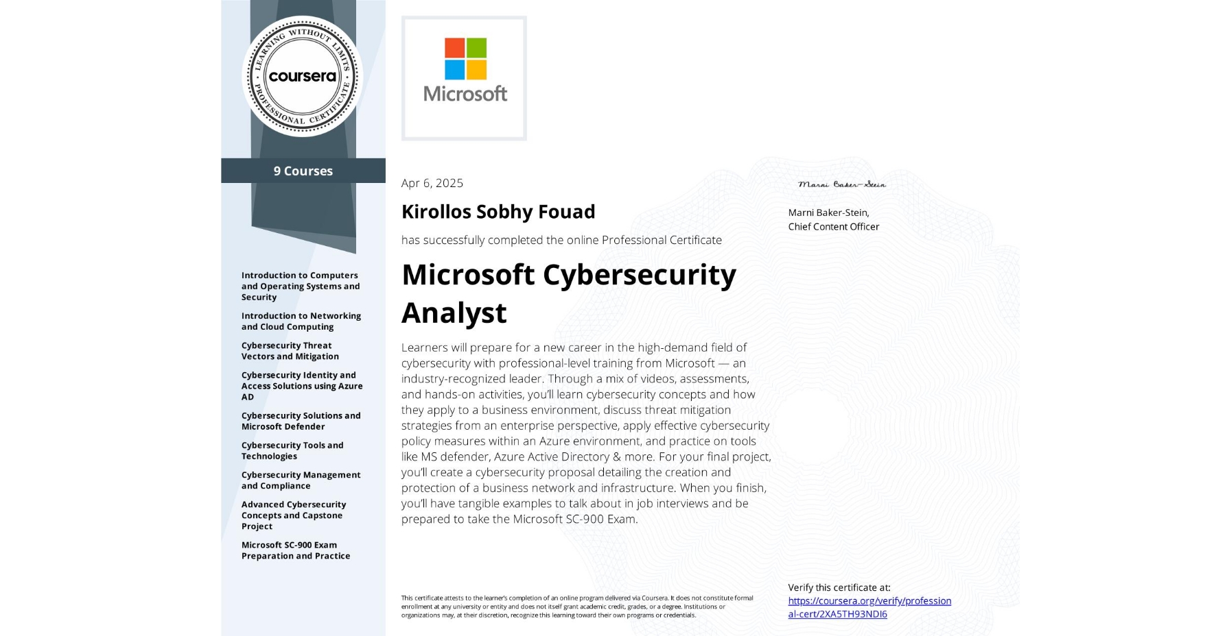 Microsoft Cybersecurity Analyst Professional Certificate