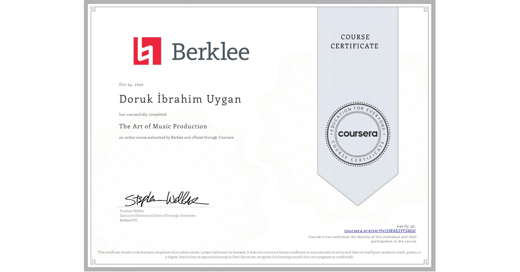 View certificate for Doruk İbrahim Uygan, The Art of Music Production, an online non-credit course authorized by Berklee and offered through Coursera