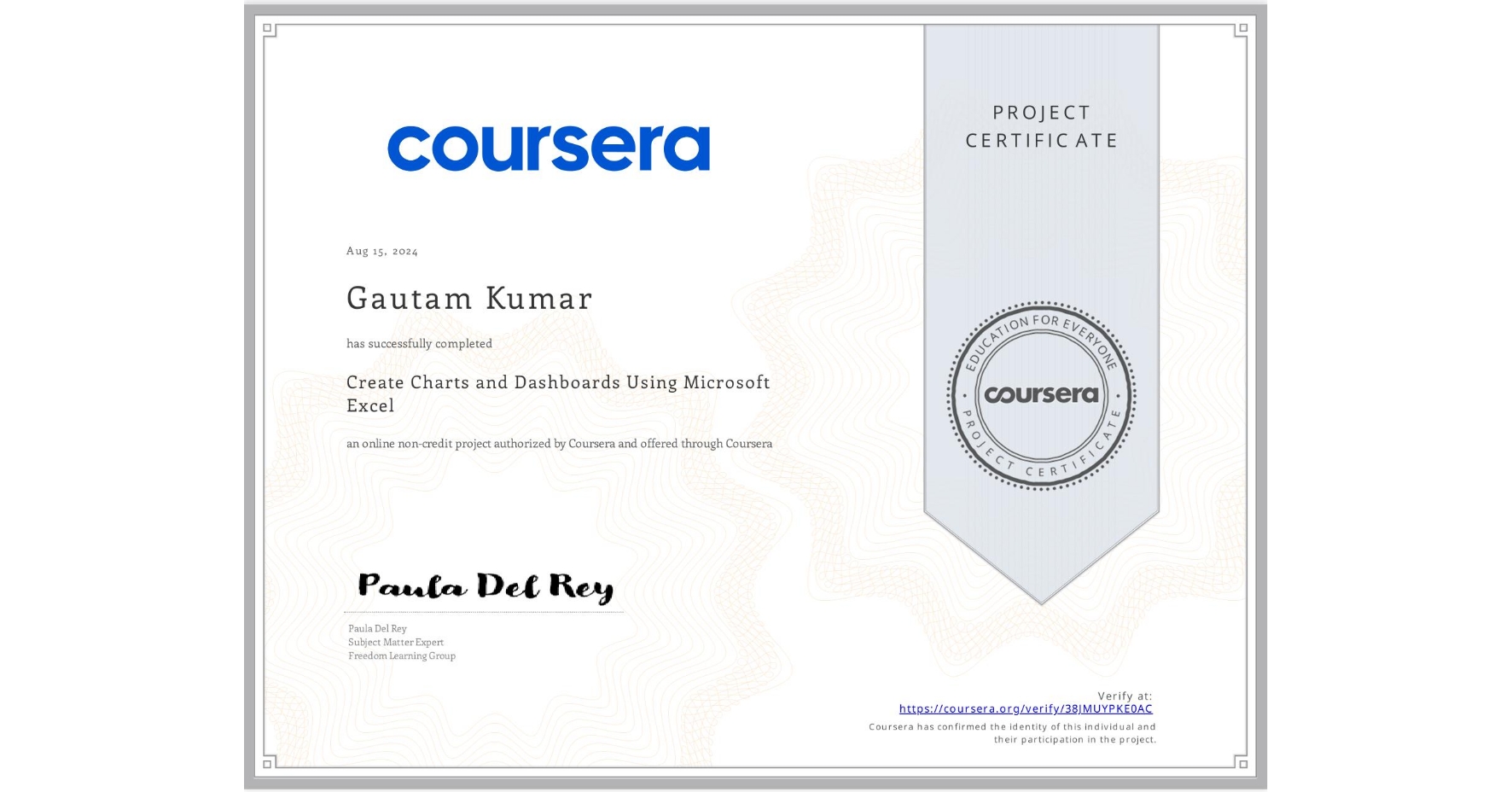 View certificate for Gautam Kumar, Create Charts and Dashboards Using Microsoft Excel, an online non-credit course authorized by Coursera and offered through Coursera