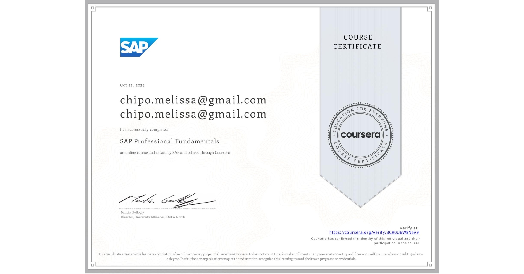 View certificate for chipo.melissa@gmail.com chipo.melissa@gmail.com, SAP Professional Fundamentals, an online non-credit course authorized by SAP and offered through Coursera