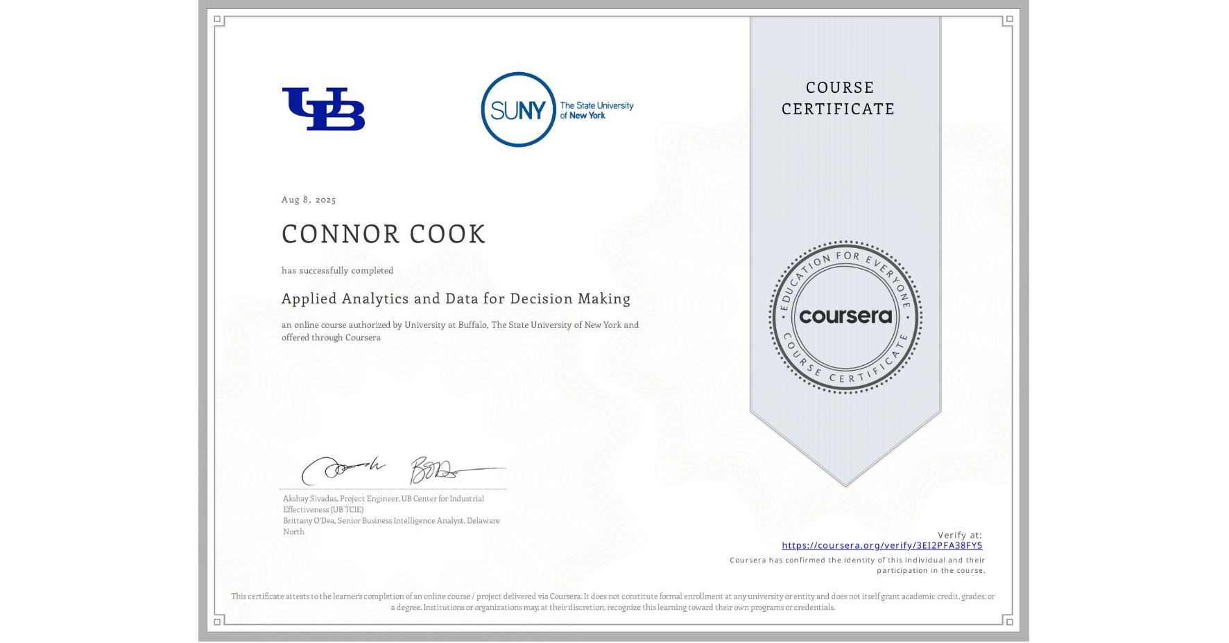 View certificate for CONNOR COOK, Applied Analytics and Data for Decision Making, an online non-credit course authorized by University at Buffalo & The State University of New York and offered through Coursera