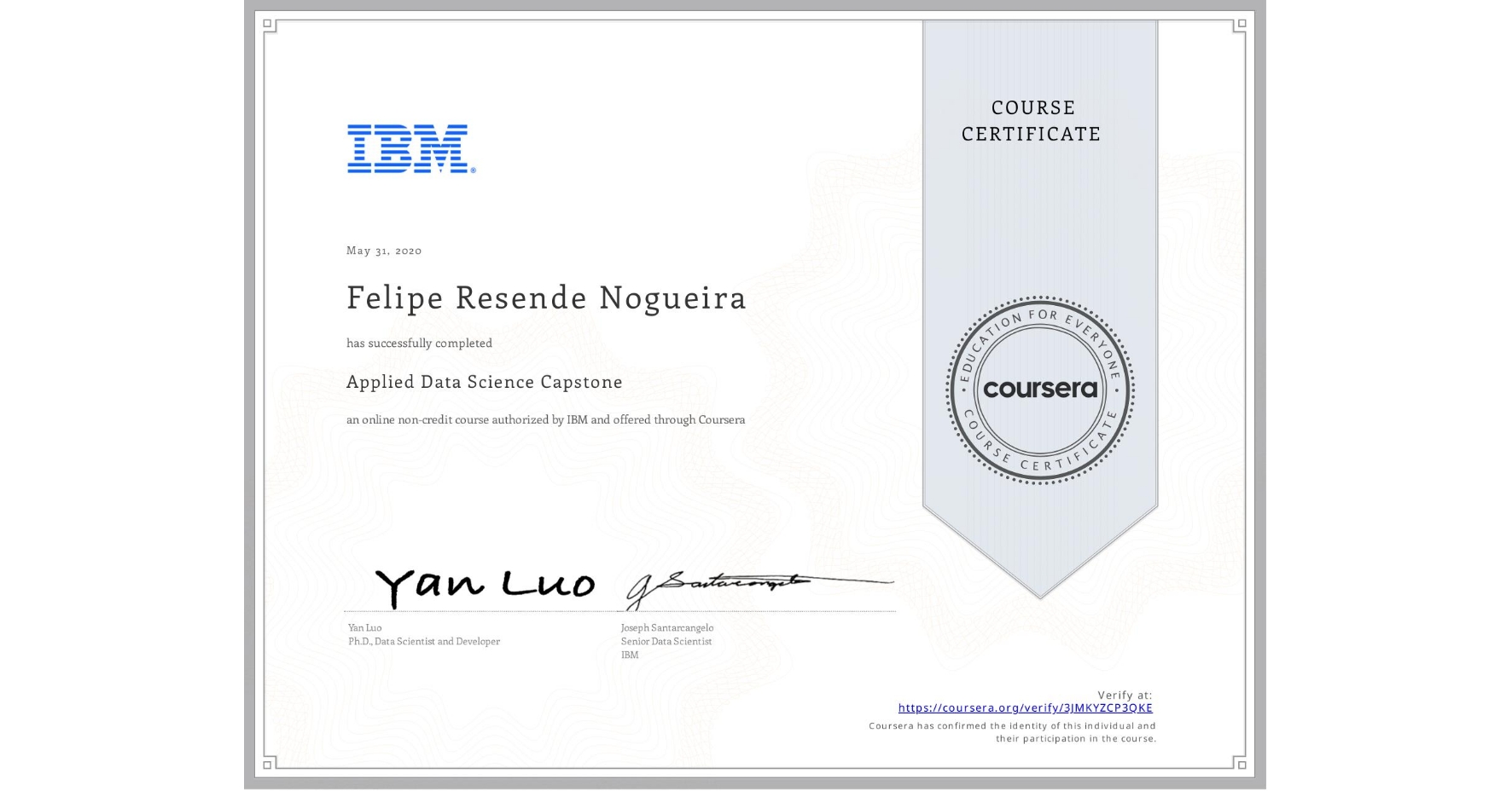 View certificate for Felipe Resende Nogueira, Applied Data Science Capstone, an online non-credit course authorized by IBM and offered through Coursera