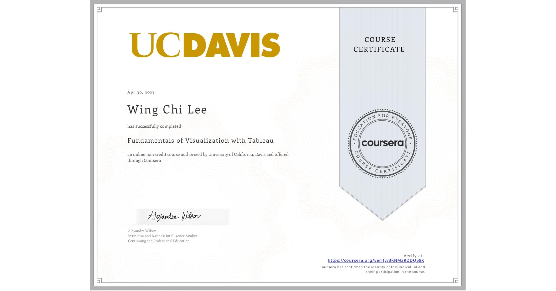 View certificate for Wing Chi Lee, Fundamentals of Visualization with Tableau, an online non-credit course authorized by University of California, Davis and offered through Coursera