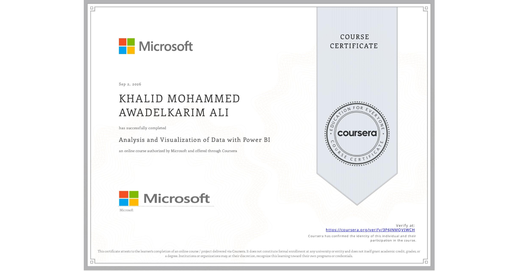 View certificate for KHALID MOHAMMED AWADELKARIM ALI, Analysis and Visualization of Data with Power BI, an online non-credit course authorized by Microsoft and offered through Coursera