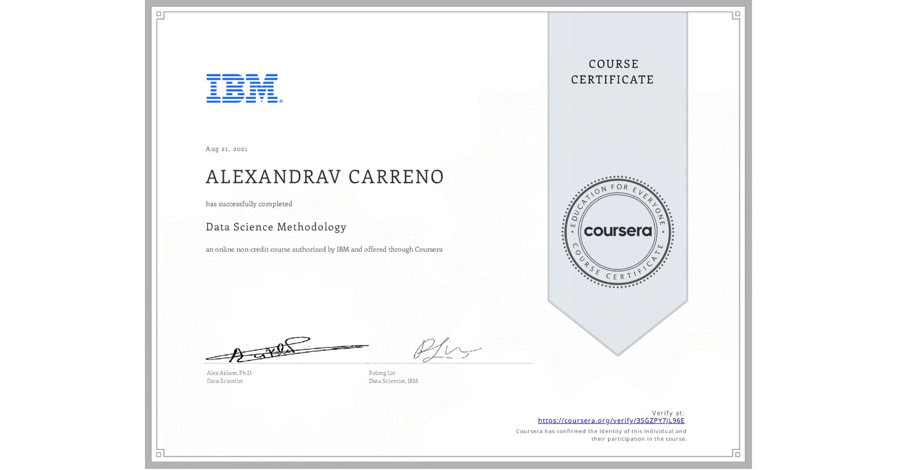 View certificate for ALEXANDRAV CARRENO, Data Science Methodology, an online non-credit course authorized by IBM and offered through Coursera