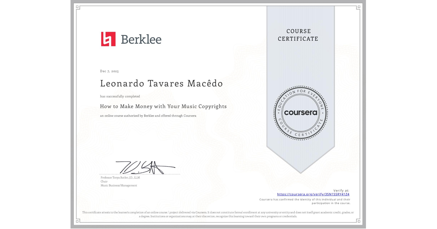 View certificate for Leonardo Tavares Macêdo, How to Make Money with Your Music Copyrights, an online non-credit course authorized by Berklee and offered through Coursera