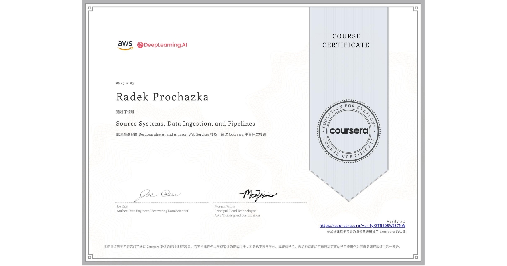 View certificate for Radek Prochazka, Source Systems, Data Ingestion, and Pipelines, an online non-credit course authorized by DeepLearning.AI & Amazon Web Services and offered through Coursera