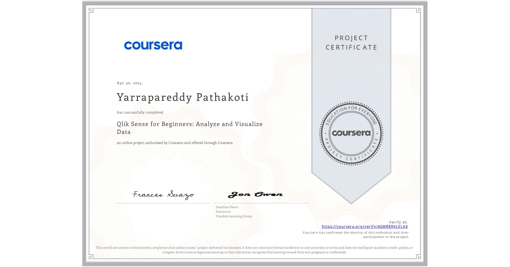 View certificate for Yarrapareddy Pathakoti, Qlik Sense for Beginners: Analyze and Visualize Data, an online non-credit course authorized by Coursera and offered through Coursera