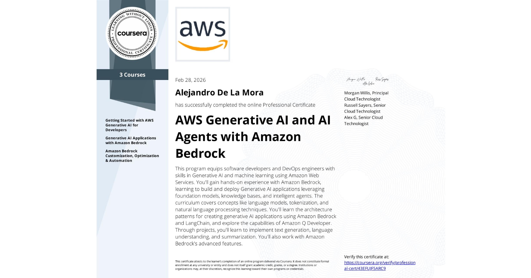 AWS Generative AI and AI Agents with Amazon Bedrock certificate
