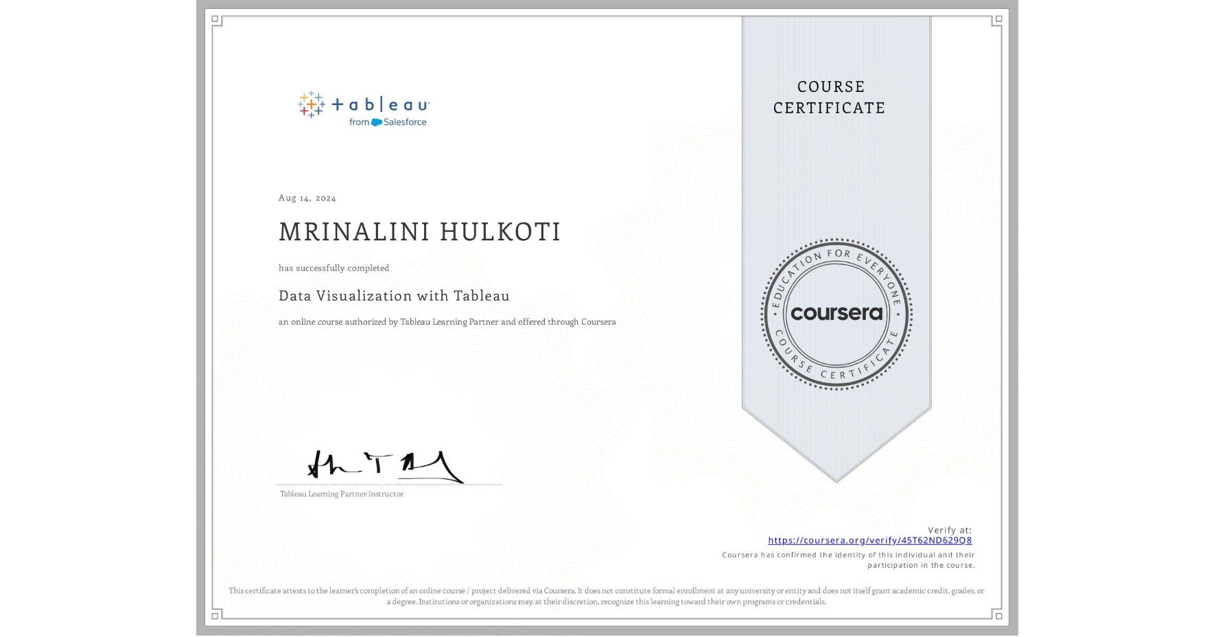 View certificate for MRINALINI HULKOTI, Data Visualization with Tableau, an online non-credit course authorized by Tableau Learning Partner and offered through Coursera