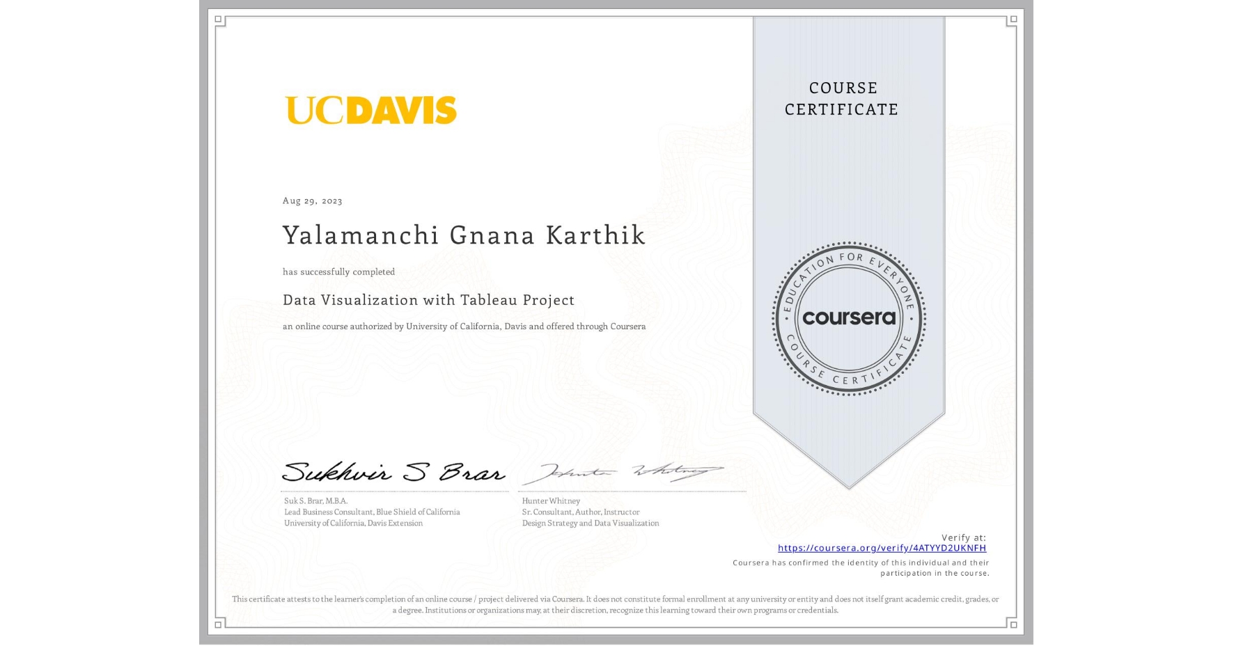 View certificate for Yalamanchi Gnana Karthik, Data Visualization with Tableau Project, an online non-credit course authorized by University of California, Davis and offered through Coursera