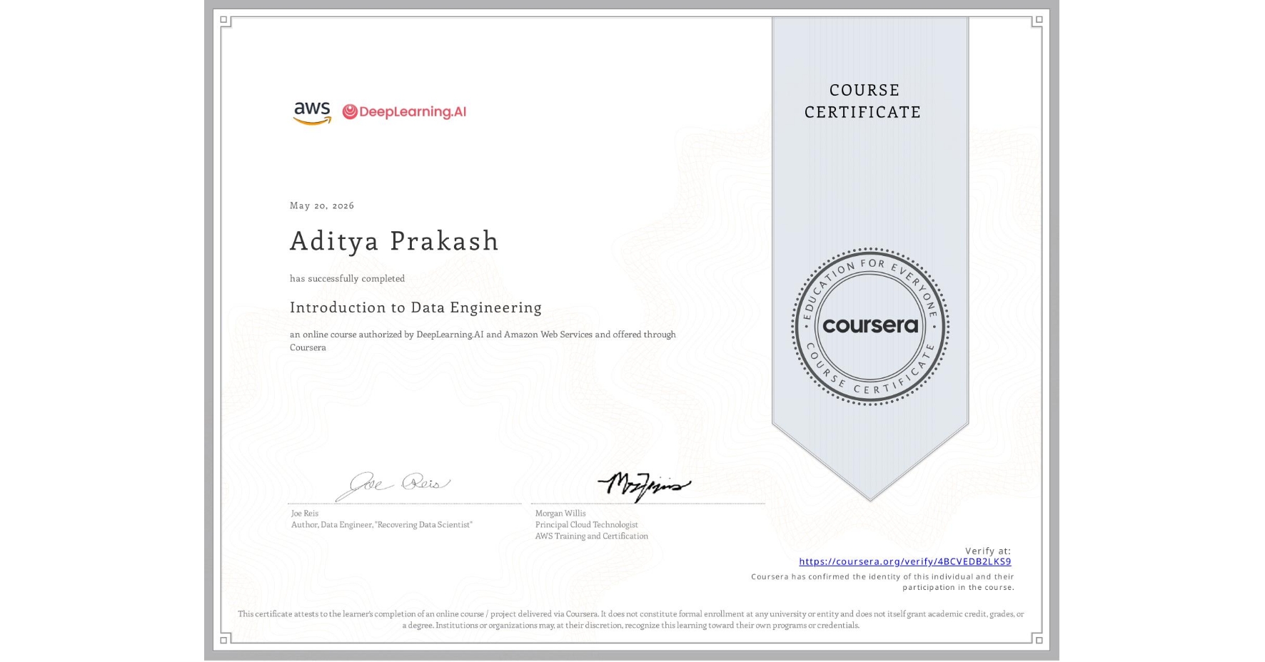 View certificate for Aditya Prakash, Introduction to Data Engineering, an online non-credit course authorized by DeepLearning.AI & Amazon Web Services and offered through Coursera