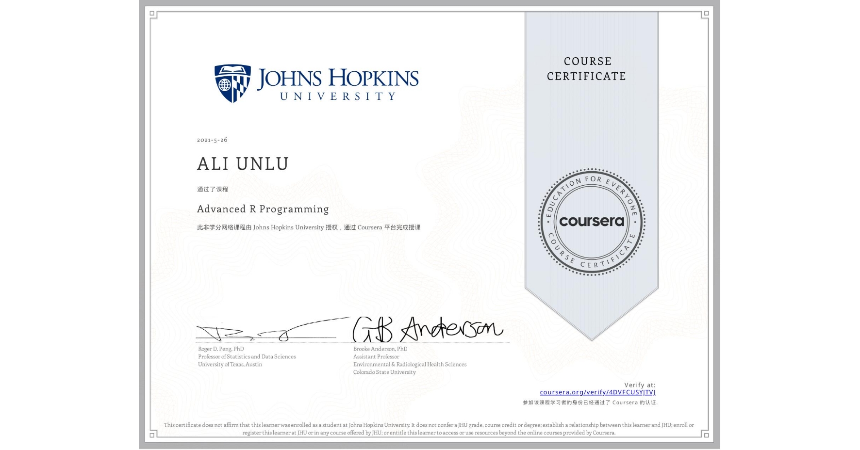 View certificate for ALI UNLU, Advanced R Programming, an online non-credit course authorized by Johns Hopkins University and offered through Coursera