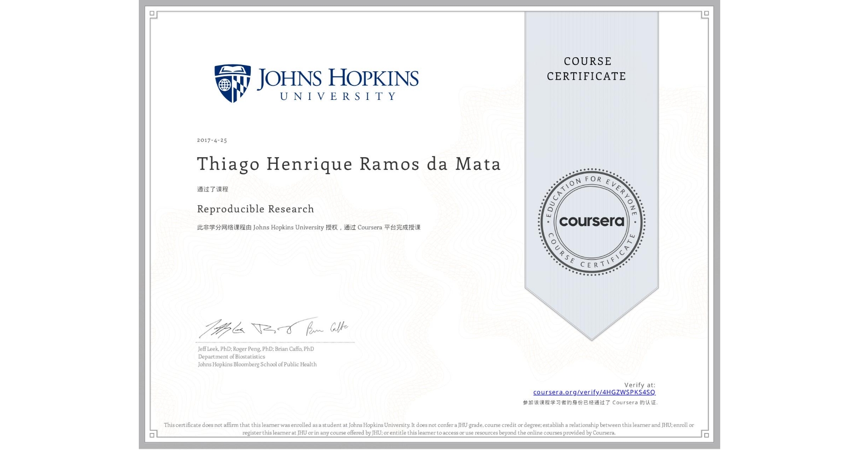 View certificate for Thiago Henrique Ramos da Mata, Reproducible Research, an online non-credit course authorized by Johns Hopkins University and offered through Coursera