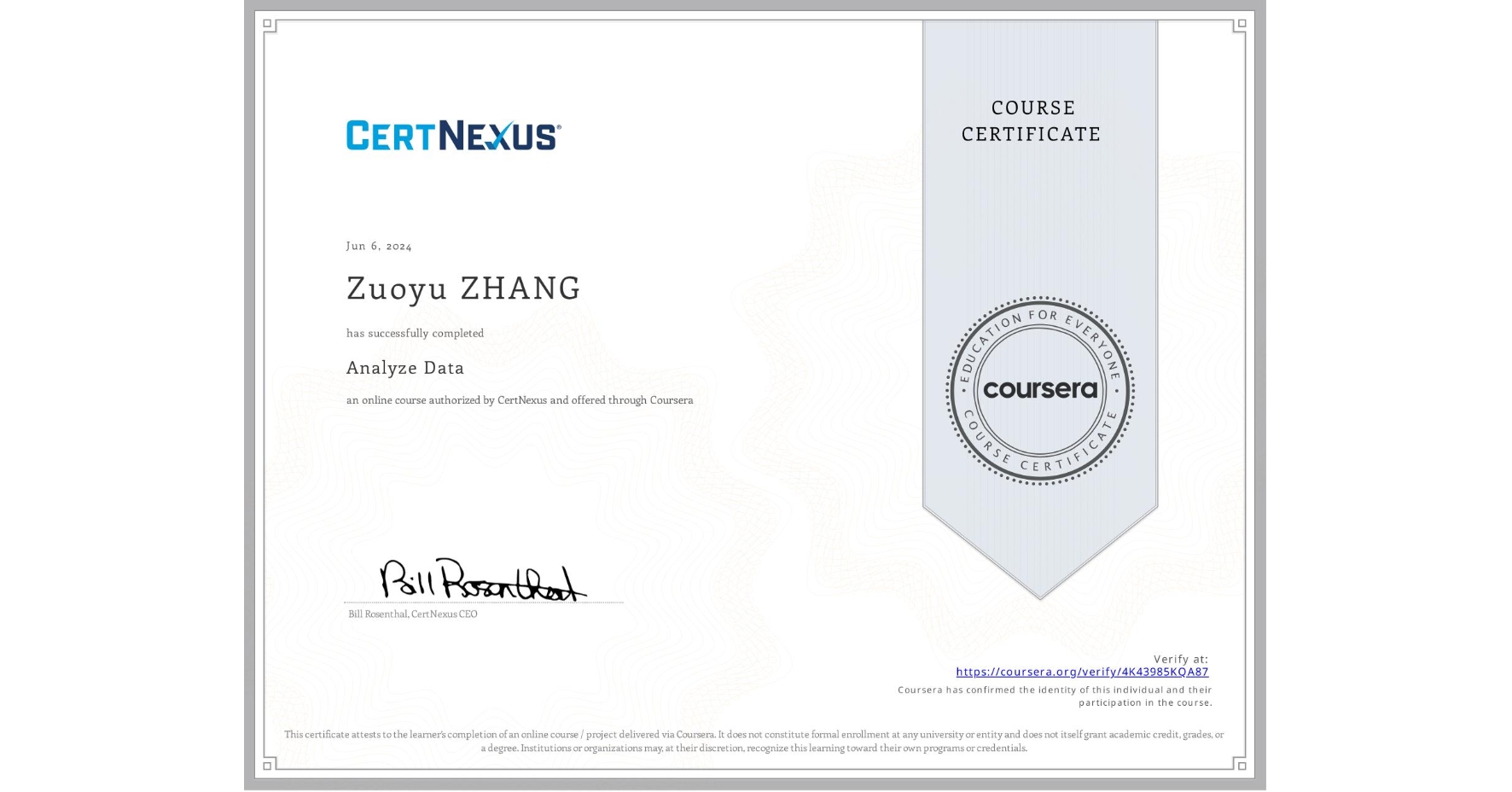 View certificate for Zuoyu ZHANG, Analyze Data, an online non-credit course authorized by CertNexus and offered through Coursera