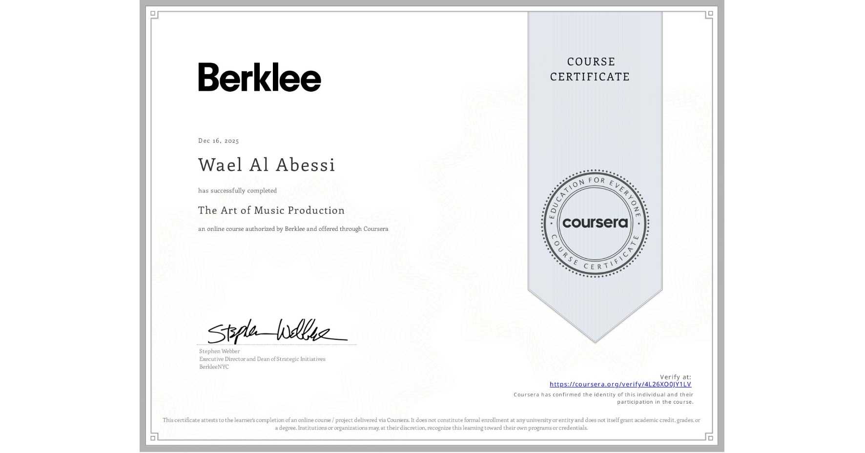 View certificate for Wael Al Abessi, The Art of Music Production, an online non-credit course authorized by Berklee and offered through Coursera
