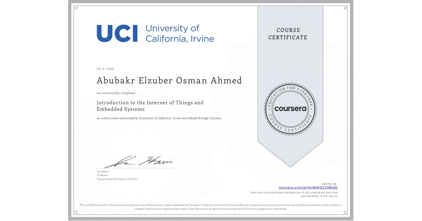 View certificate for Abubakr Elzuber Osman Ahmed, Introduction to the Internet of Things and Embedded Systems, an online non-credit course authorized by University of California, Irvine and offered through Coursera