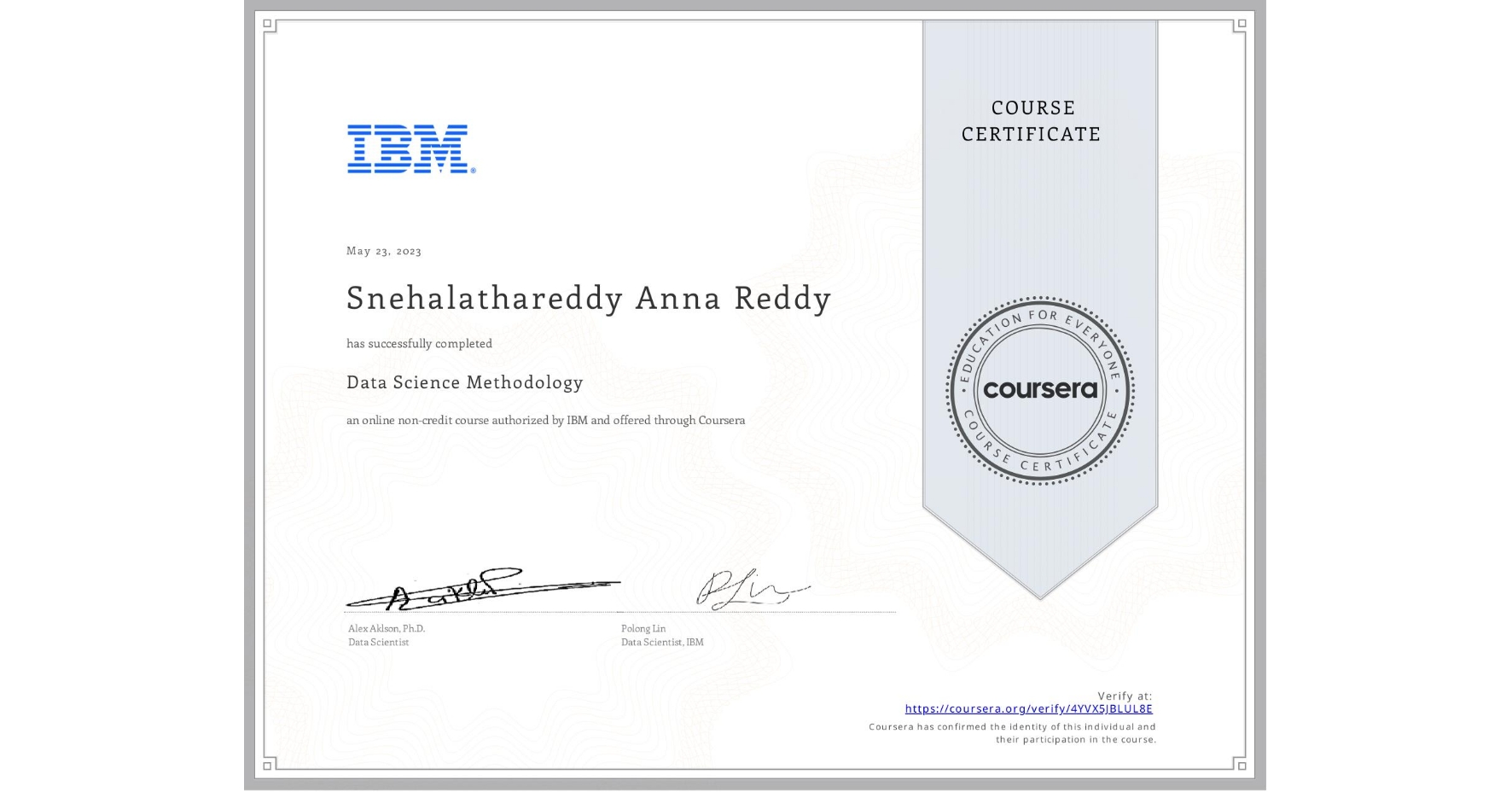 View certificate for Snehalathareddy Anna Reddy, Data Science Methodology, an online non-credit course authorized by IBM and offered through Coursera