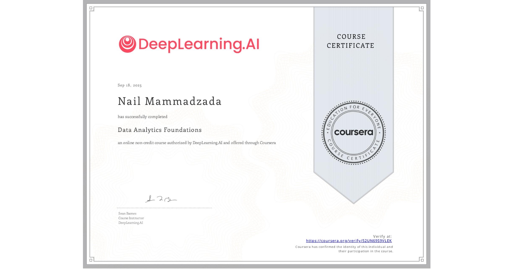 View certificate for Nail Mammadzada, Data Analytics Foundations, an online non-credit course authorized by DeepLearning.AI and offered through Coursera