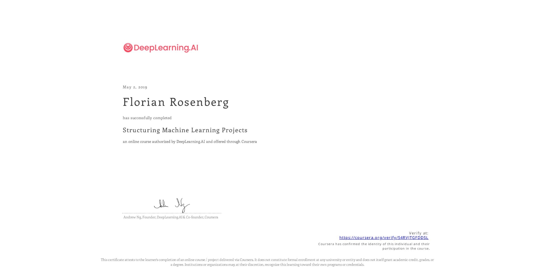 View certificate for Florian Rosenberg, Structuring Machine Learning Projects, an online non-credit course authorized by DeepLearning.AI and offered through Coursera
