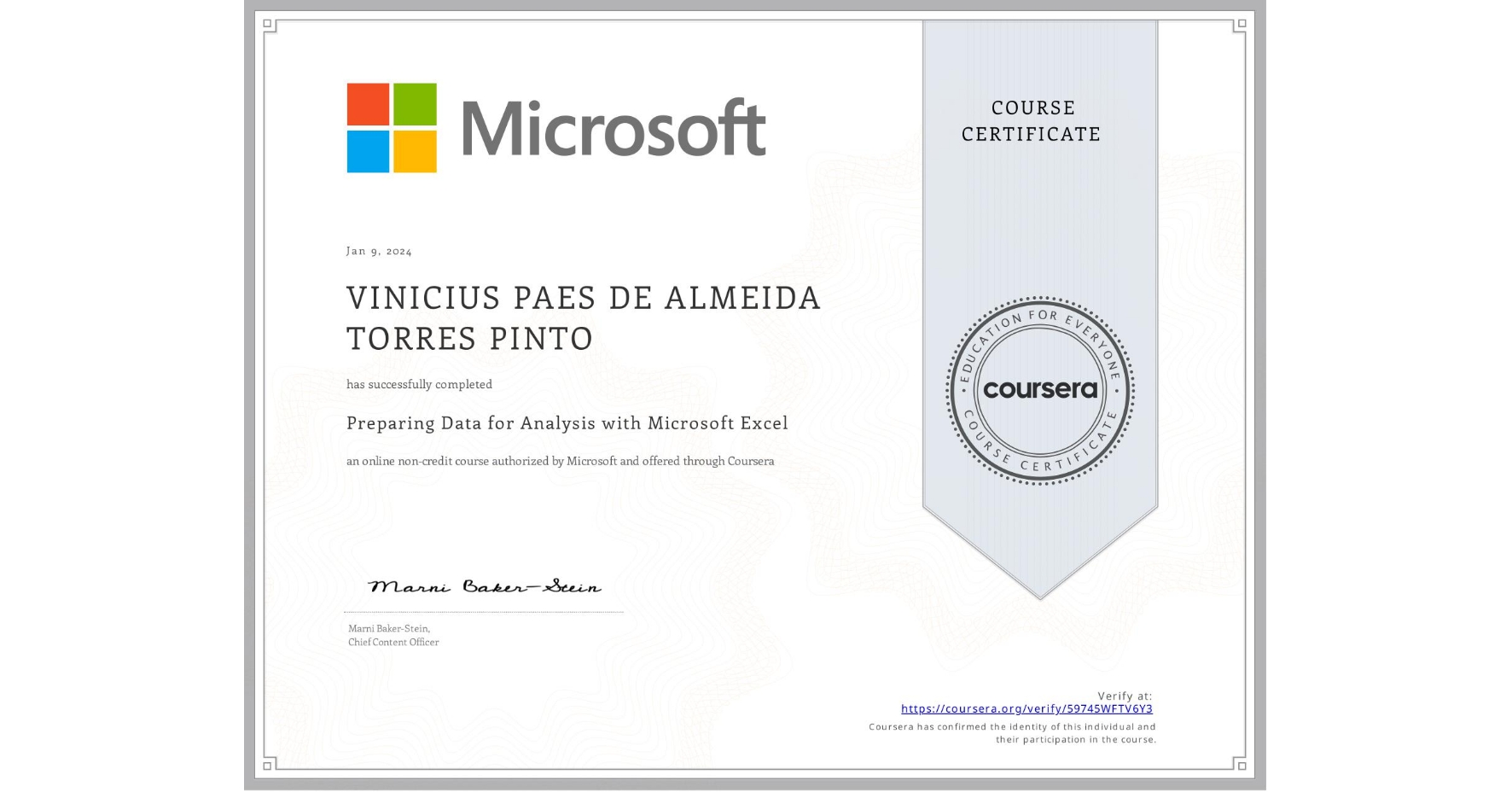 View certificate for VINICIUS PAES DE ALMEIDA TORRES PINTO, Preparing  Data for Analysis with Microsoft Excel, an online non-credit course authorized by Microsoft and offered through Coursera
