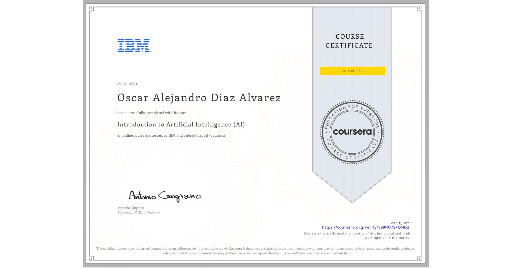 View certificate for Oscar Alejandro Diaz Alvarez, Introduction to Artificial Intelligence (AI), an online non-credit course authorized by IBM and offered through Coursera