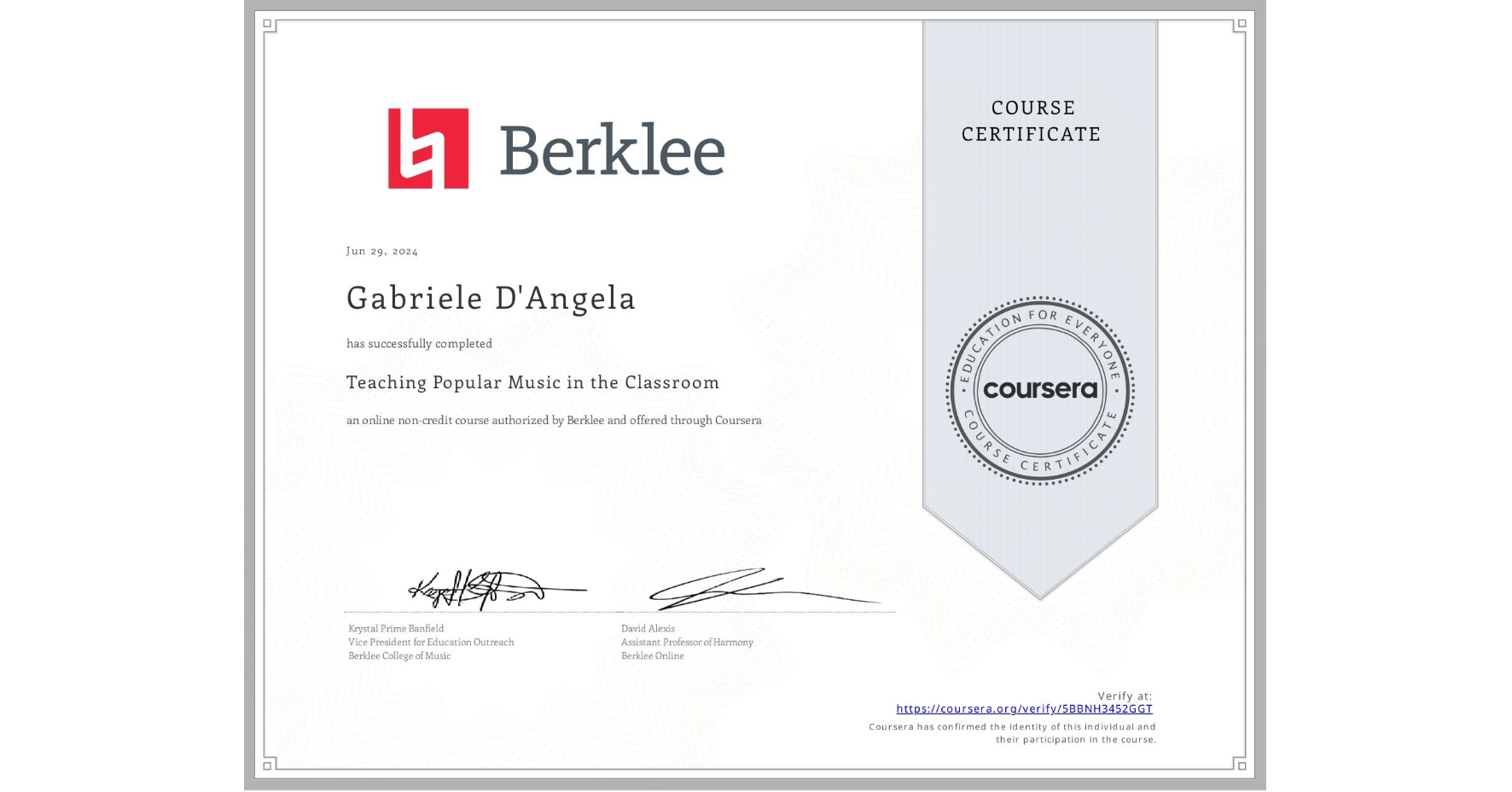 View certificate for Gabriele D'Angela, Teaching Popular Music in the Classroom, an online non-credit course authorized by Berklee and offered through Coursera