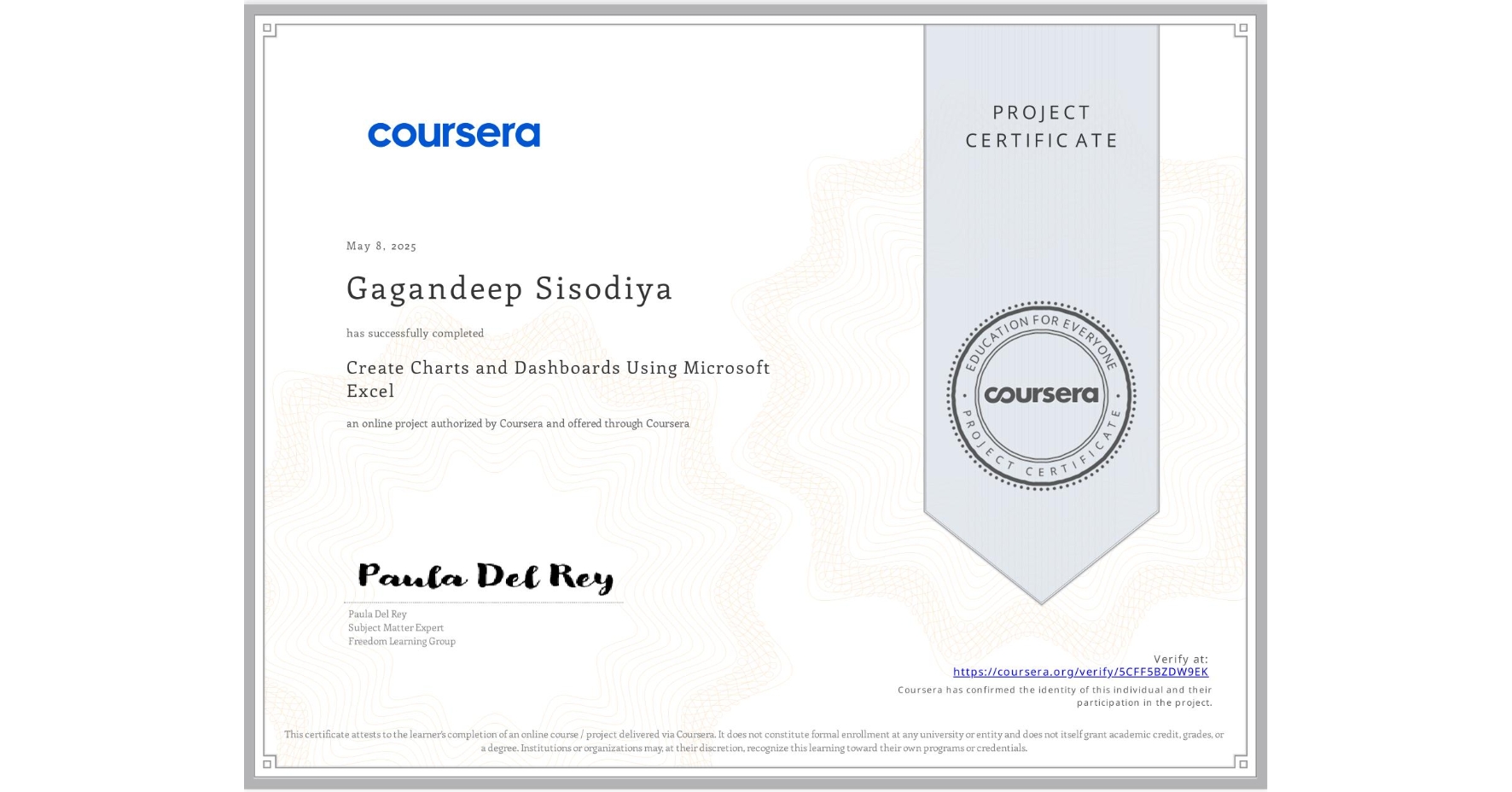 View certificate for Gagandeep Sisodiya, Create Charts and Dashboards Using Microsoft Excel, an online non-credit course authorized by Coursera and offered through Coursera