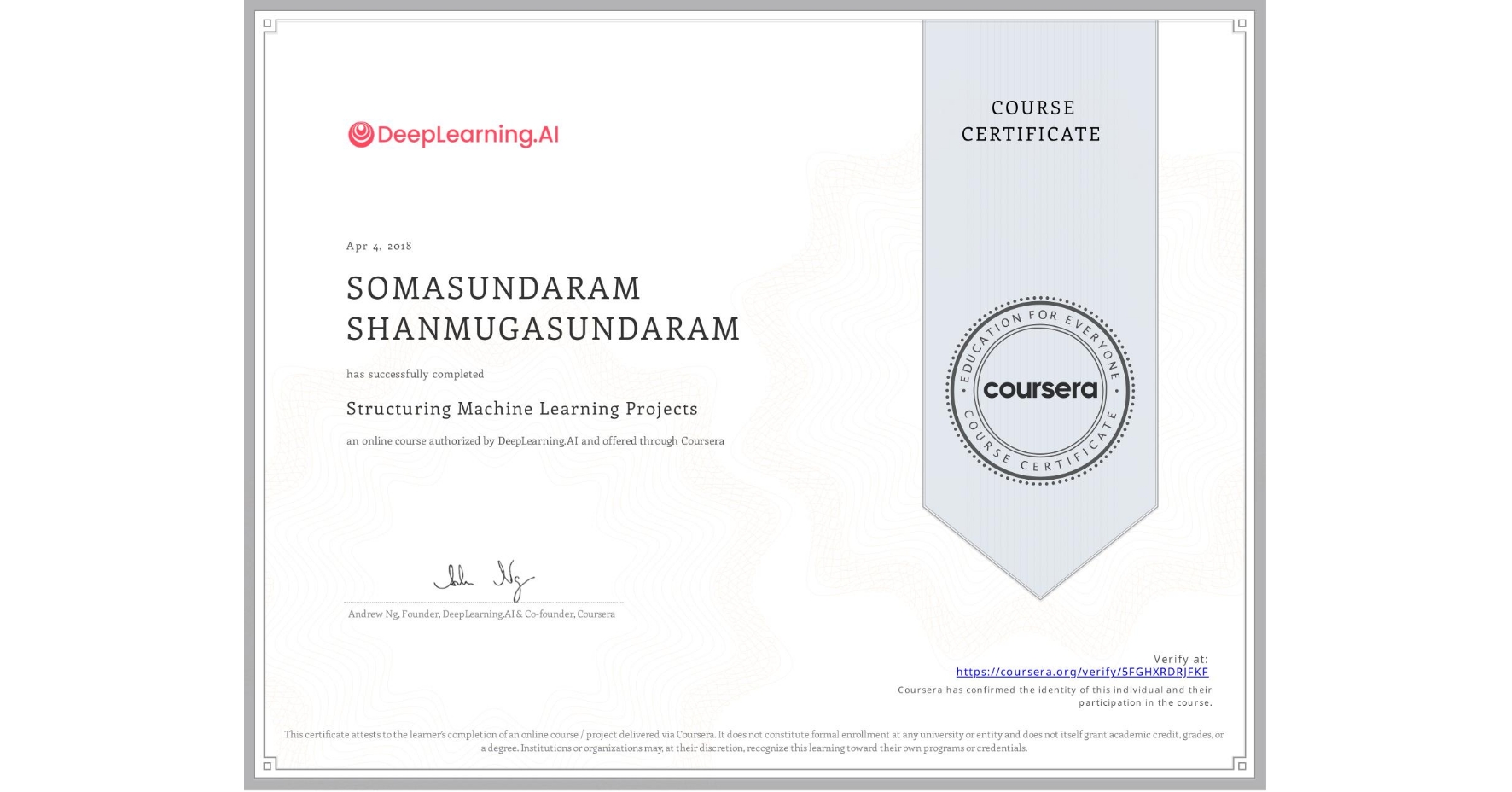 View certificate for SOMASUNDARAM SHANMUGASUNDARAM, Structuring Machine Learning Projects, an online non-credit course authorized by DeepLearning.AI and offered through Coursera