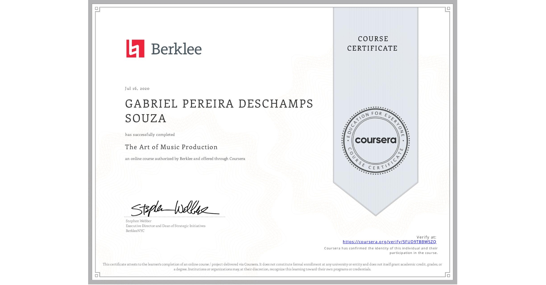 View certificate for GABRIEL PEREIRA DESCHAMPS SOUZA, The Art of Music Production, an online non-credit course authorized by Berklee and offered through Coursera