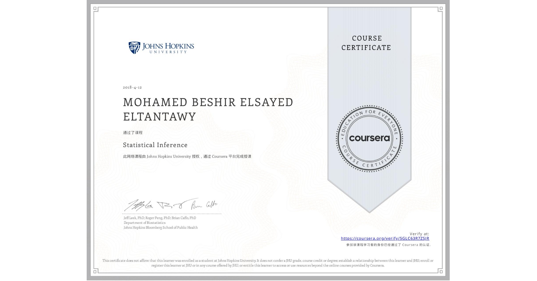 View certificate for MOHAMED BESHIR ELSAYED ELTANTAWY, Statistical Inference, an online non-credit course authorized by Johns Hopkins University and offered through Coursera