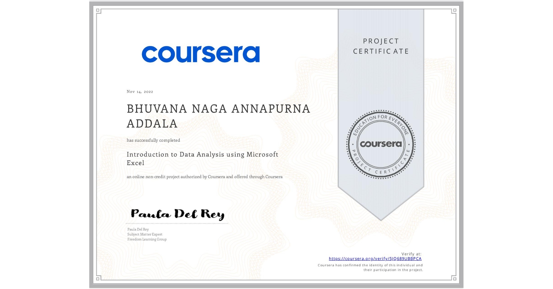 View certificate for BHUVANA NAGA ANNAPURNA  ADDALA, Introduction to Data Analysis using Microsoft Excel, an online non-credit course authorized by Coursera and offered through Coursera