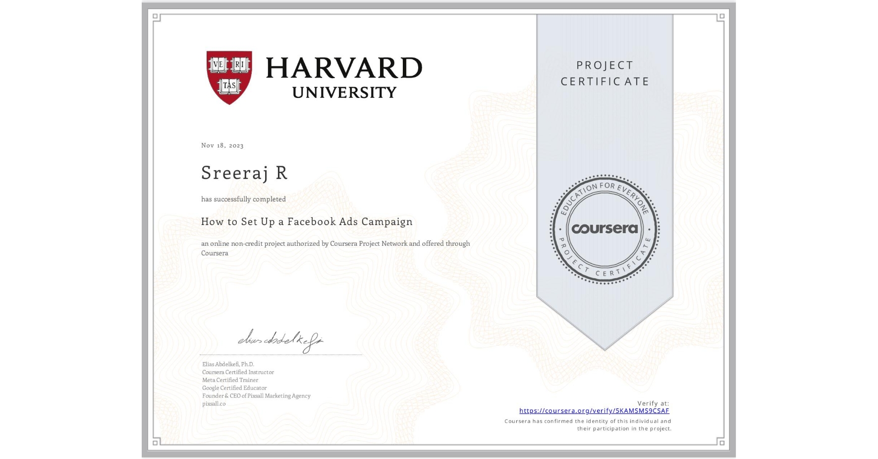 View certificate for Sreeraj R, How to Set Up a Facebook Ads Campaign, an online non-credit course authorized by Coursera Project Network and offered through Coursera