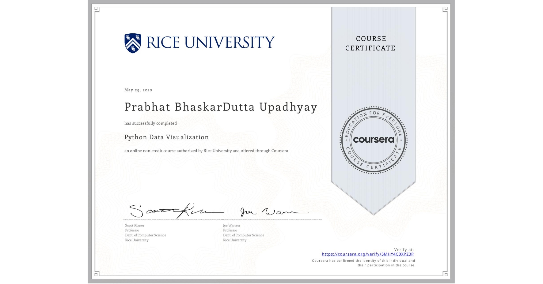 View certificate for Prabhat BhaskarDutta  Upadhyay , Python Data Visualization, an online non-credit course authorized by Rice University and offered through Coursera