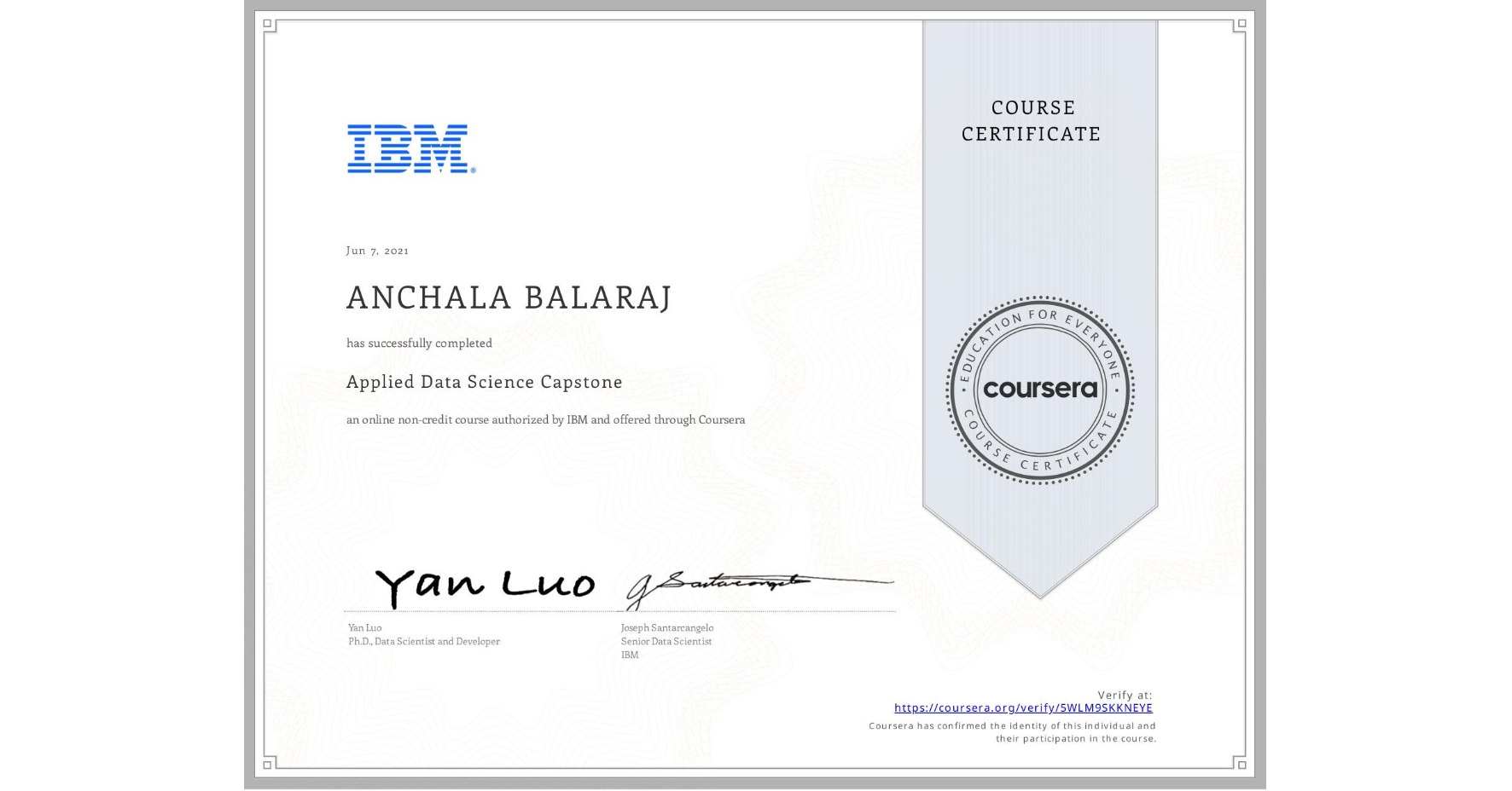 View certificate for ANCHALA BALARAJ, Applied Data Science Capstone, an online non-credit course authorized by IBM and offered through Coursera