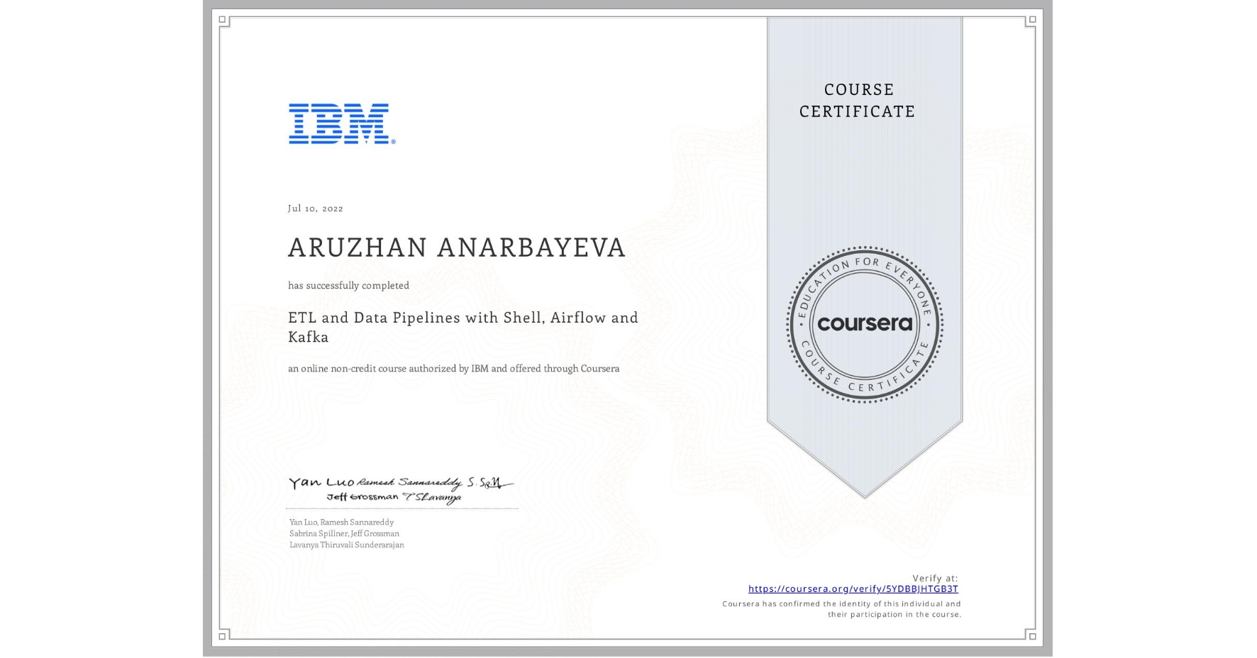View certificate for ARUZHAN ANARBAYEVA, ETL and Data Pipelines with Shell, Airflow and Kafka, an online non-credit course authorized by IBM and offered through Coursera