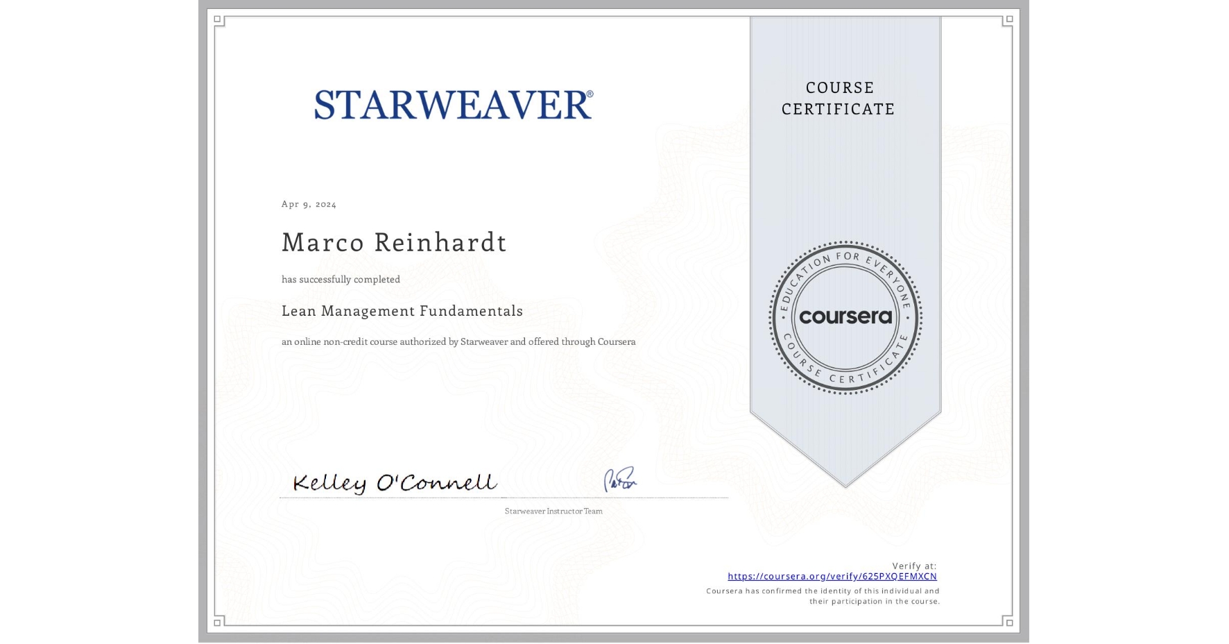 View certificate for Marco Reinhardt, Lean Management Fundamentals, an online non-credit course authorized by Starweaver and offered through Coursera