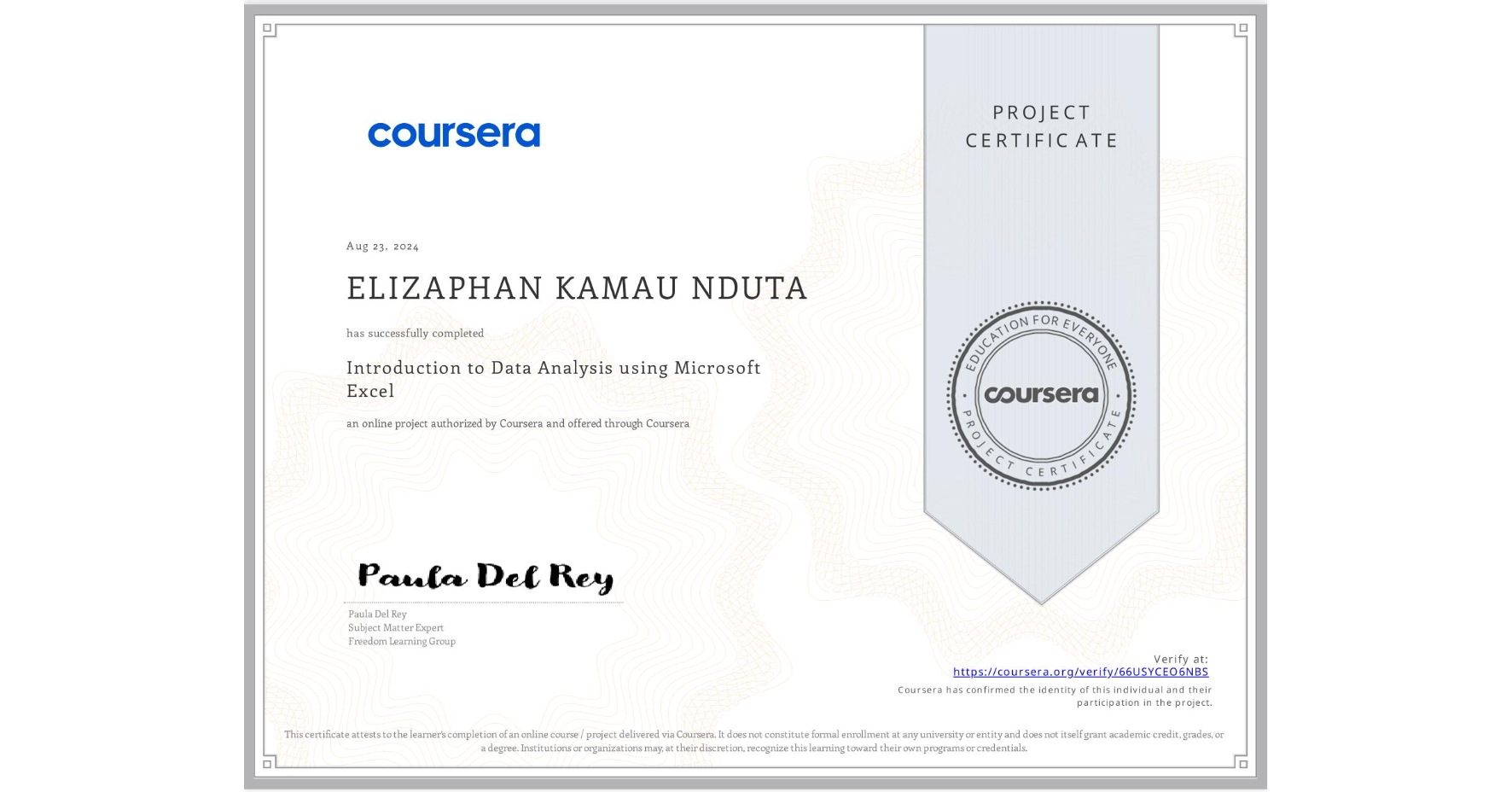 View certificate for ELIZAPHAN KAMAU NDUTA, Introduction to Data Analysis using Microsoft Excel, an online non-credit course authorized by Coursera and offered through Coursera
