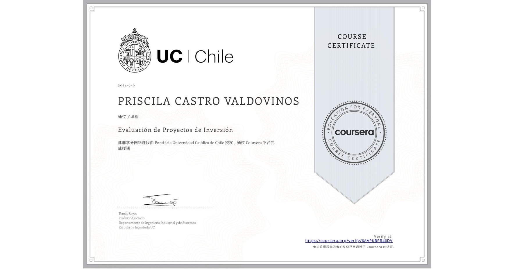 View certificate for PRISCILA CASTRO VALDOVINOS, Evaluación de Proyectos de Inversión, an online non-credit course authorized by Pontificia Universidad Católica de Chile and offered through Coursera