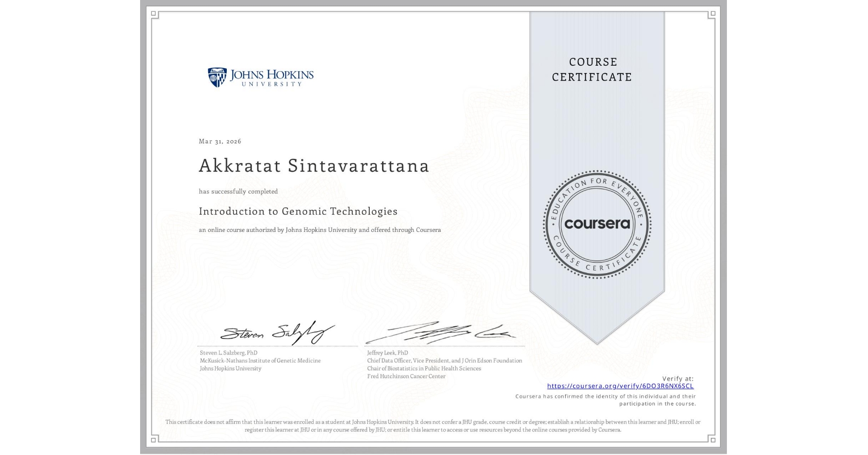 View certificate for Akkratat Sintavarattana, Introduction to Genomic Technologies, an online non-credit course authorized by Johns Hopkins University and offered through Coursera