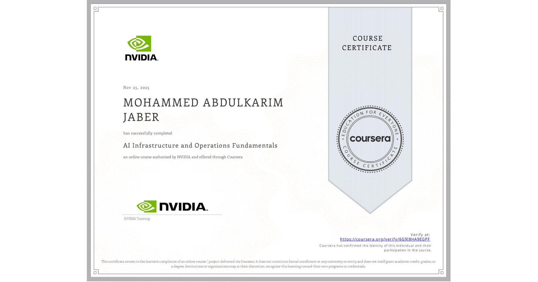 View certificate for MOHAMMED ABDULKARIM JABER, AI Infrastructure and Operations Fundamentals, an online non-credit course authorized by NVIDIA and offered through Coursera